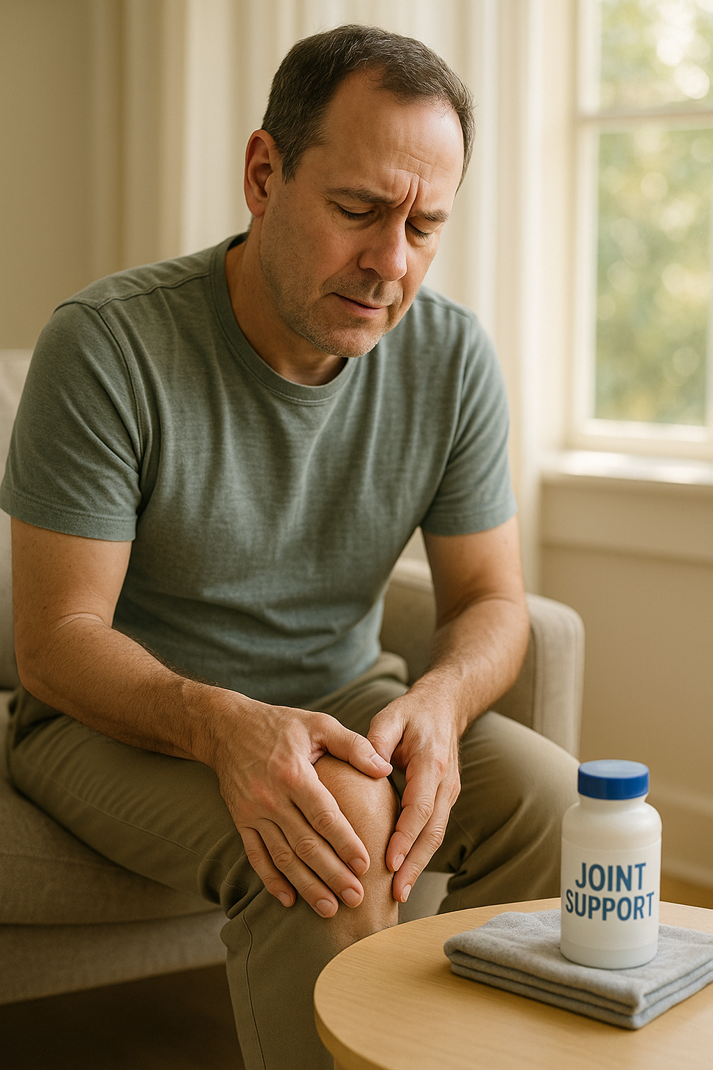 Hands massaging knee near heating pad and joint supplement