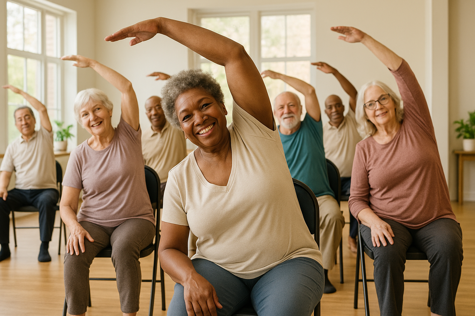 Seniors practicing chair yoga in bright community center