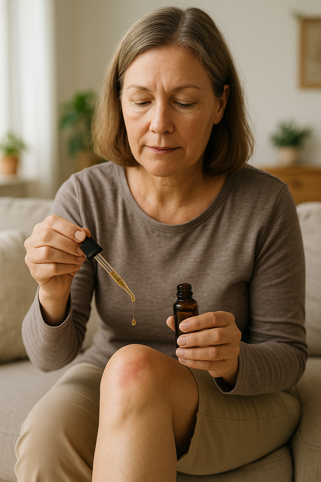 Applying CBD oil to inflamed knee for joint pain in a bright living room.