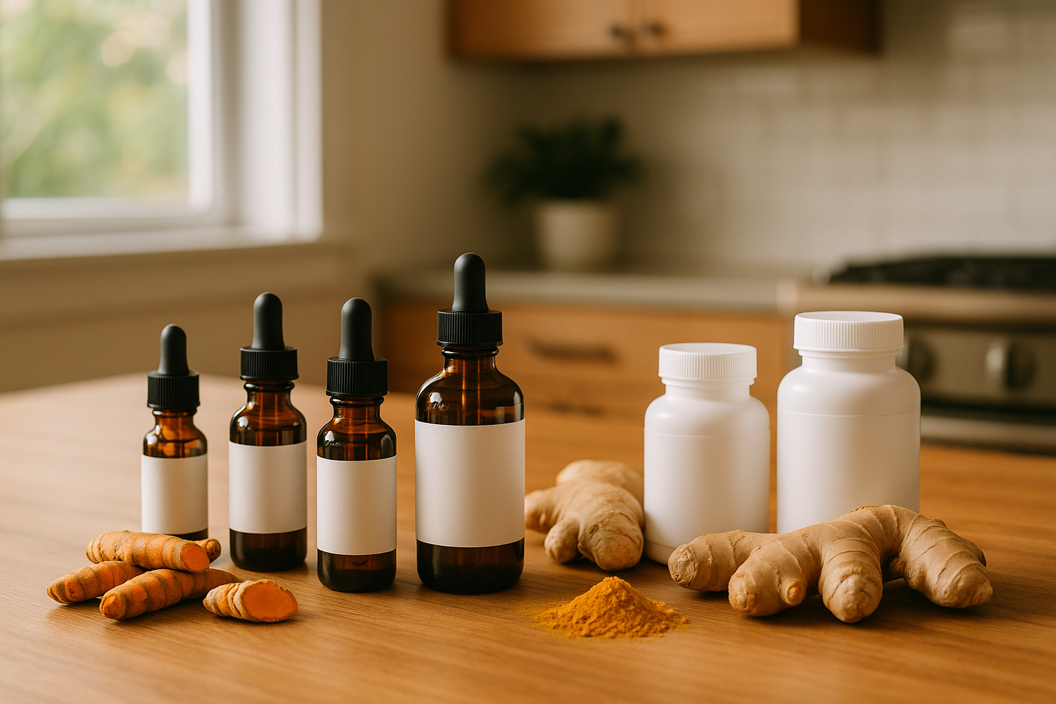 CBD oil bottles and natural ingredients for pain relief on a wooden kitchen table.