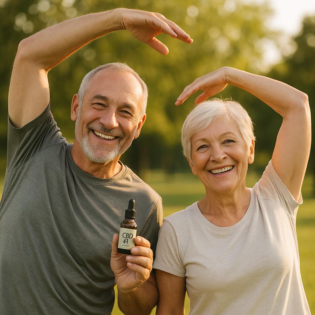 Older adults stretching in a park, holding CBD oil, looking active and pain-free.