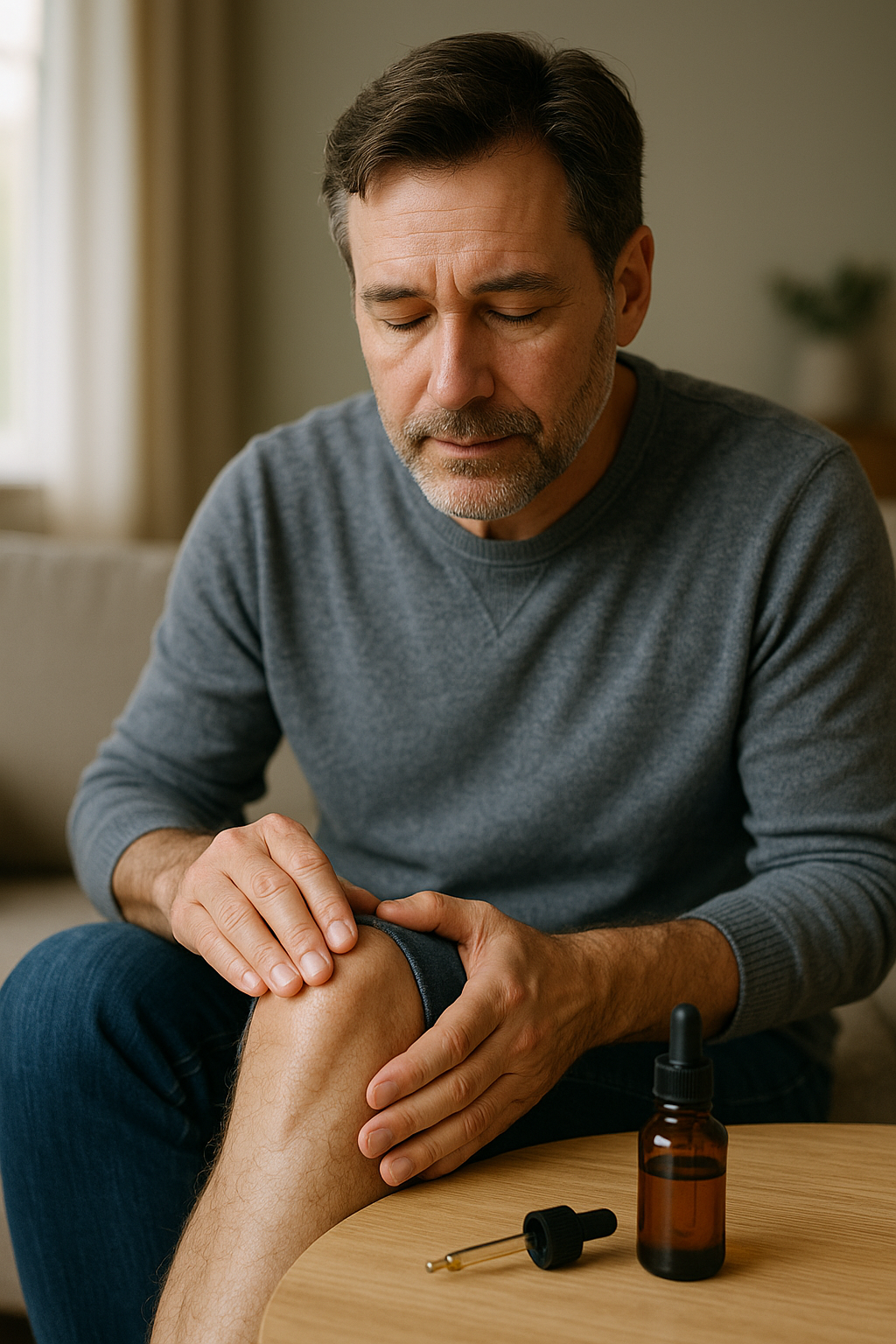 Middle-aged man massaging CBD oil onto his knee for pain relief