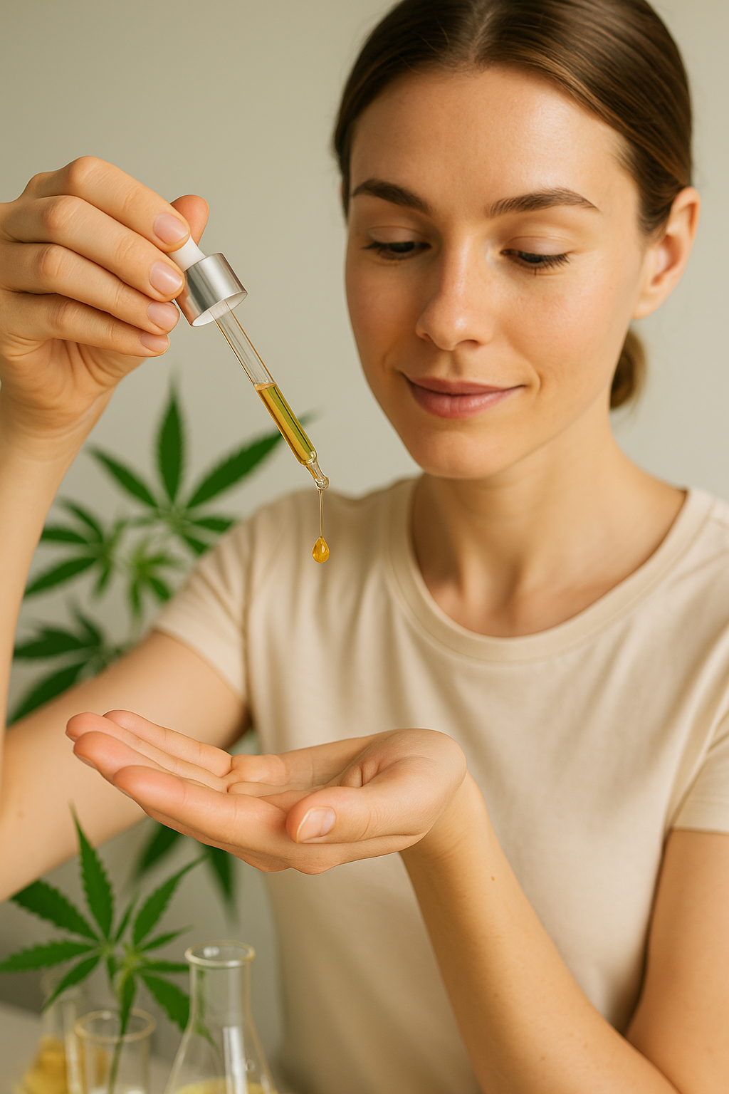 CBD oil dropper dispensing oil onto palm, lab setting, hemp leaves