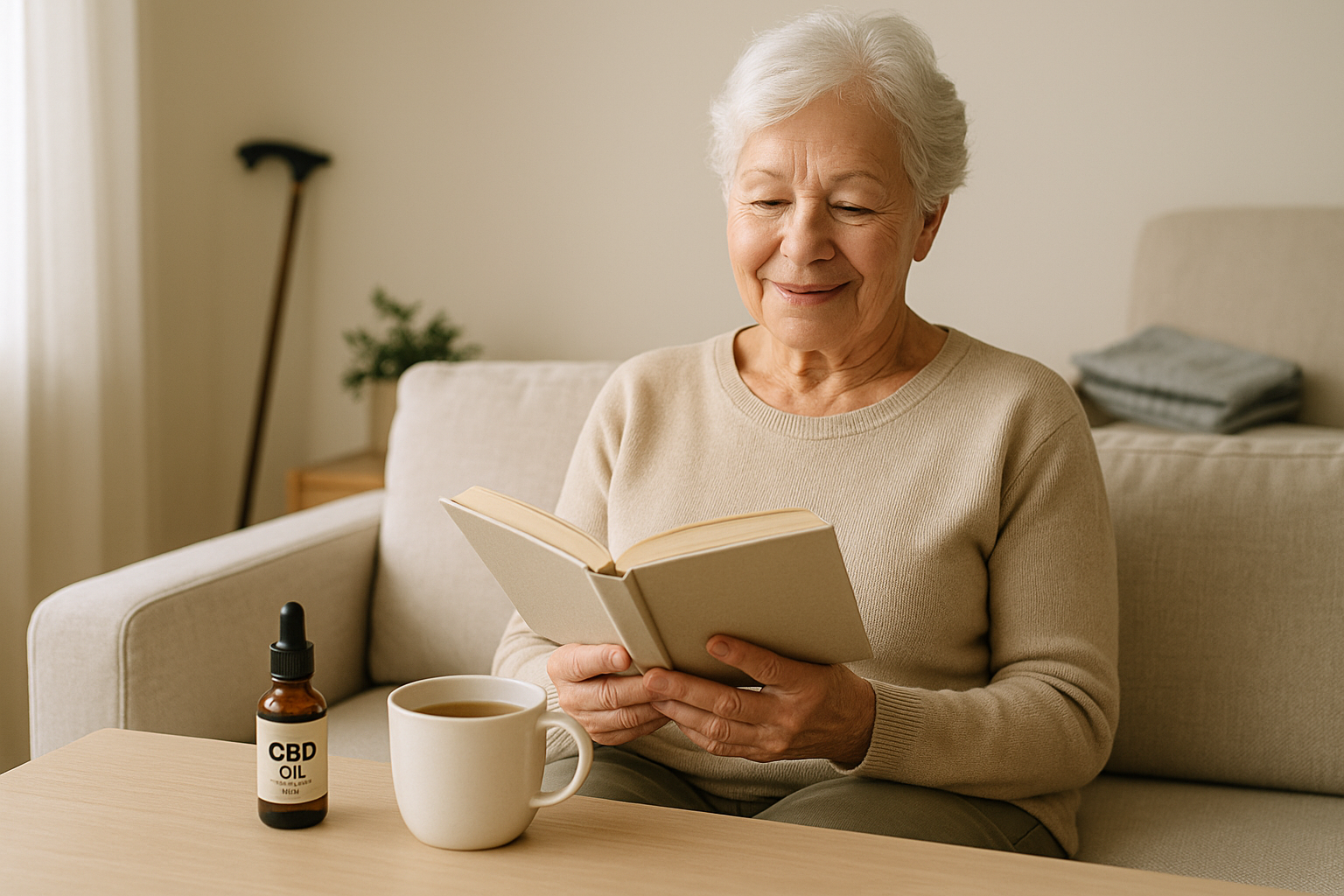 Senior woman with CBD oil, tea, and heating pad on table, reading on couch