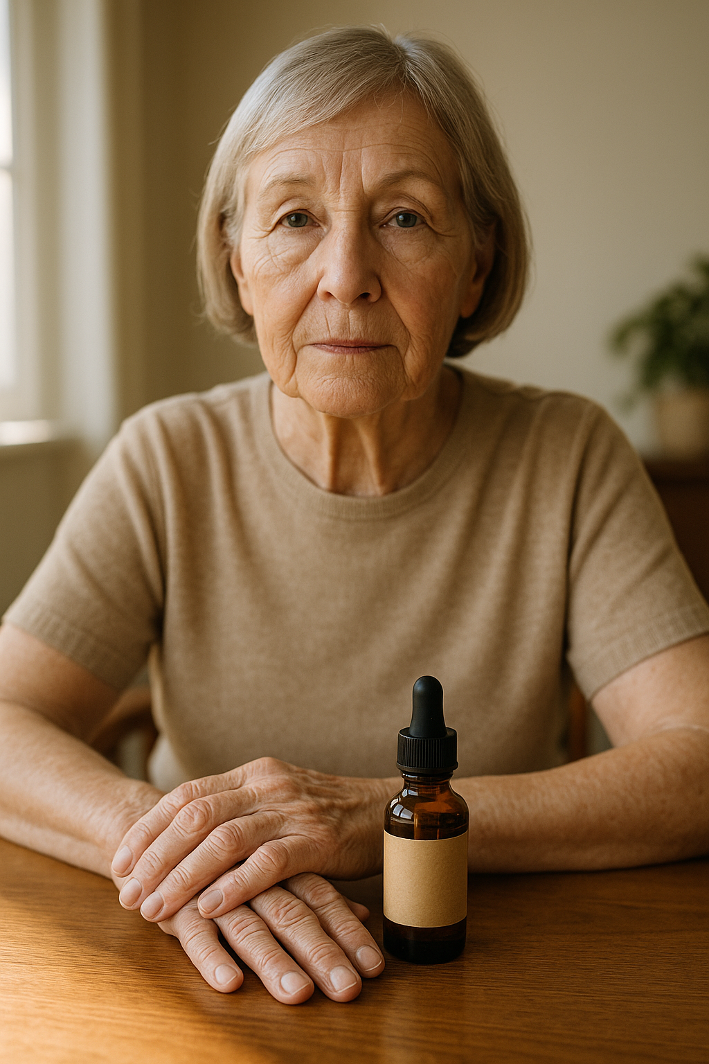 CBD oil dropper bottle next to arthritic hands on wooden table