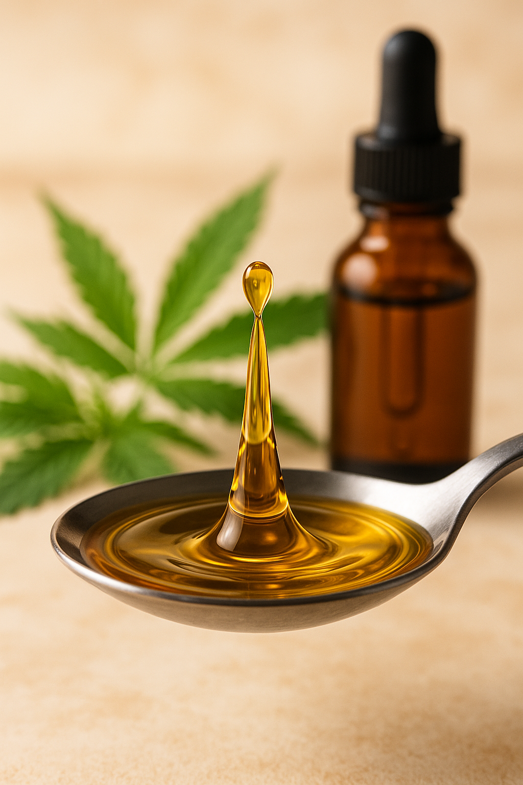 CBD oil drop falls into spoon with hemp leaves and glass bottle
