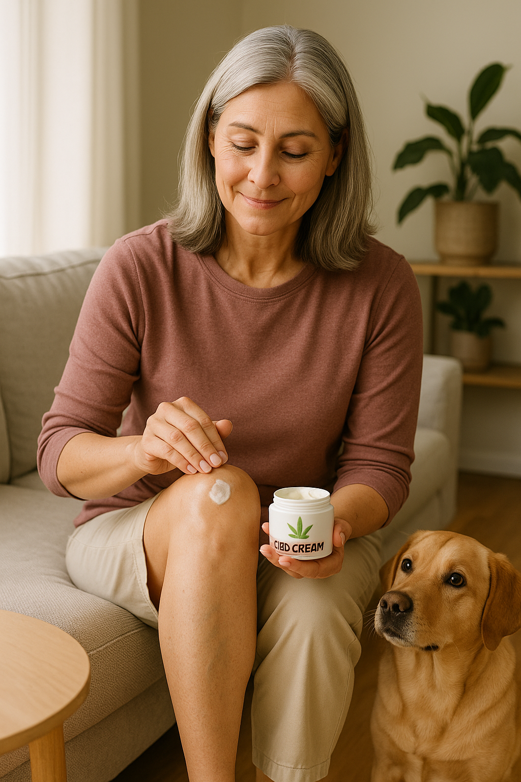 Woman applies CBD cream to knee at home with dog nearby