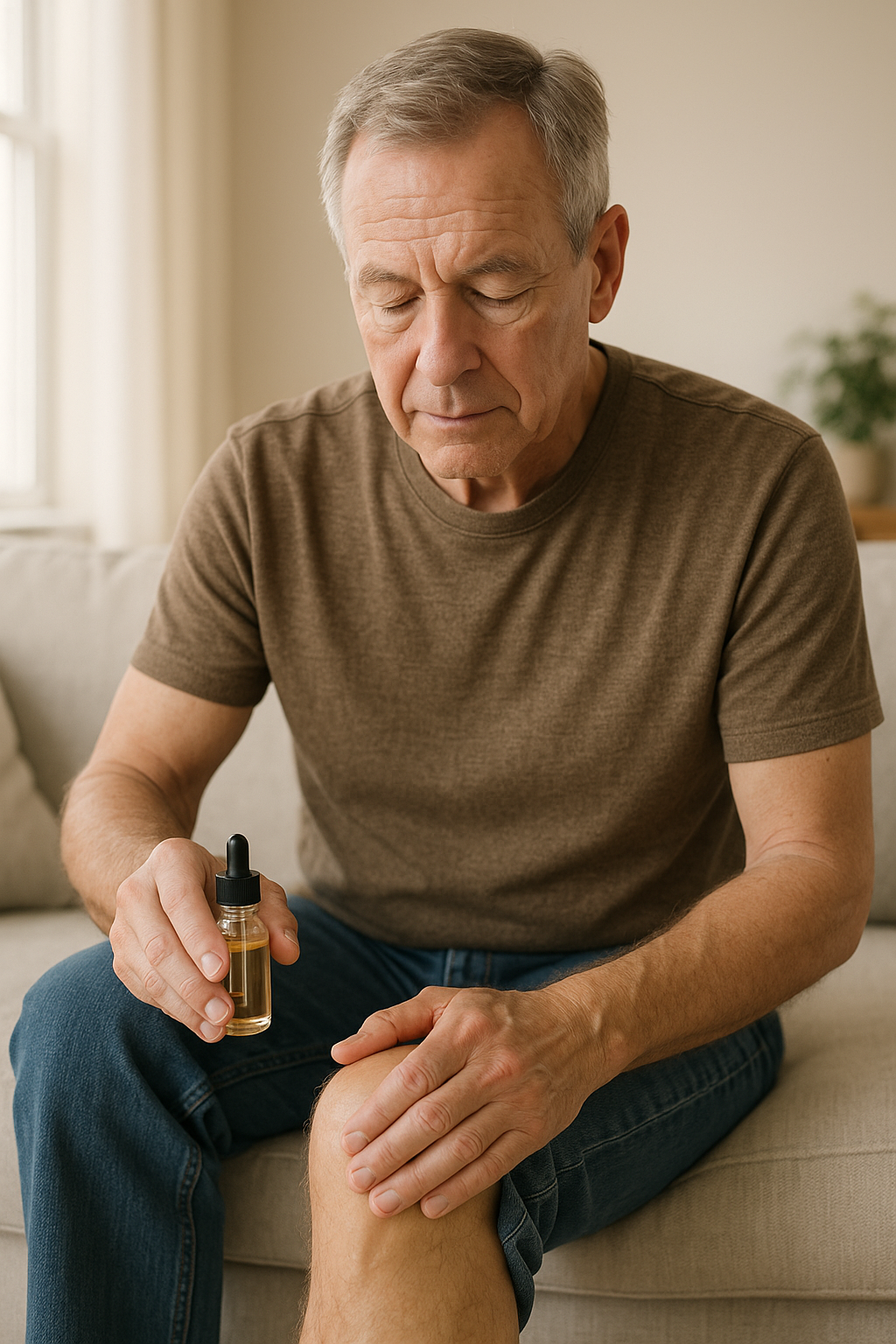 Applying CBD oil to swollen knee for joint pain relief.