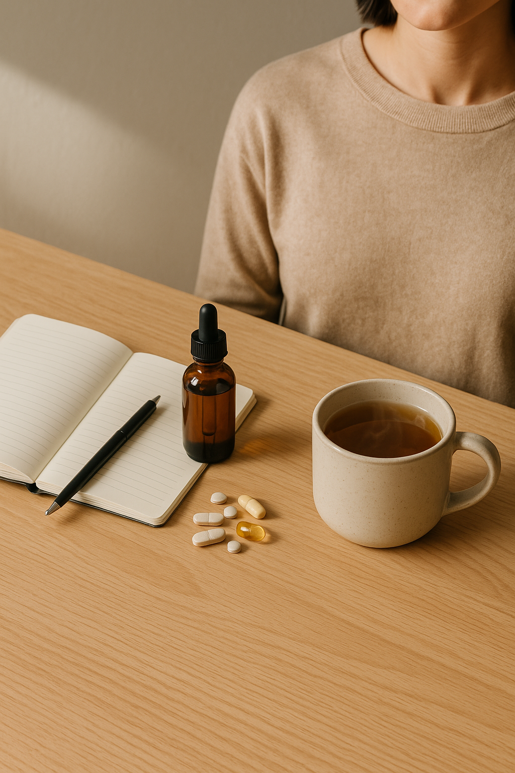 CBD oil among daily wellness items on kitchen counter.