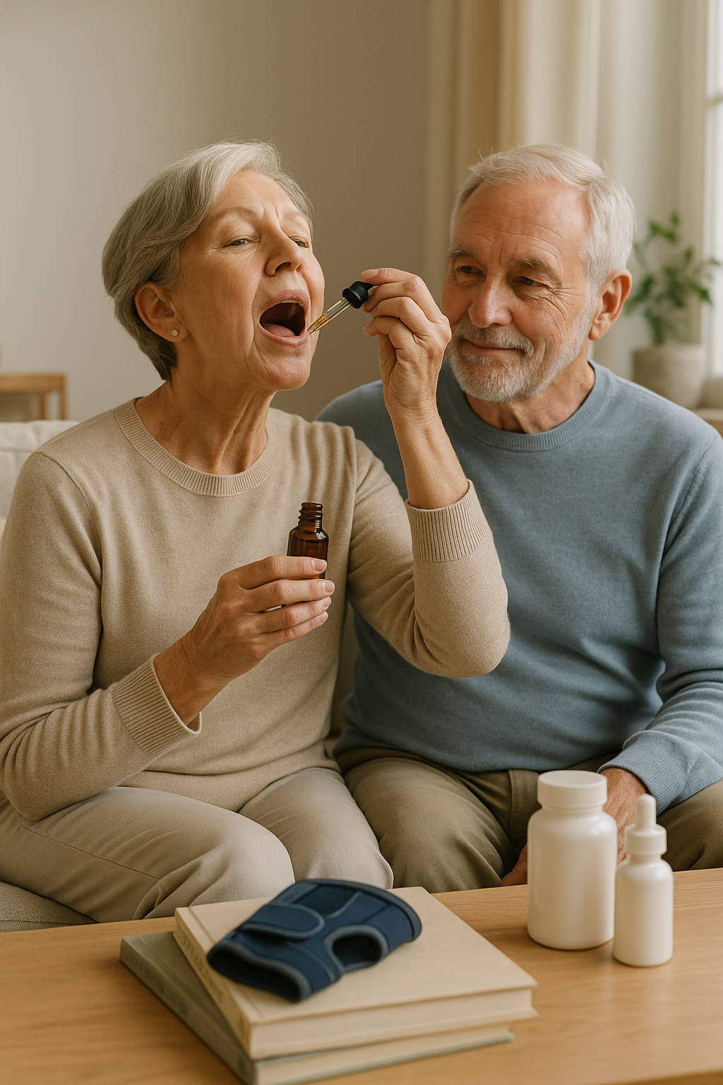 Senior using CBD oil for joint pain with wellness items on table.