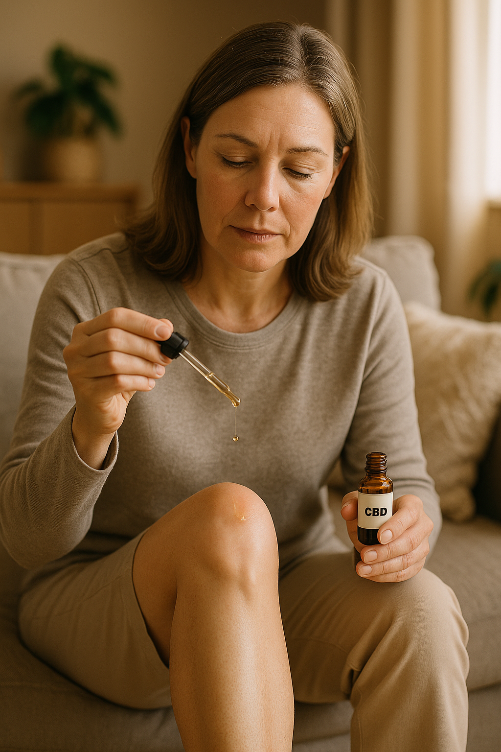 Applying CBD oil to sore knee at home