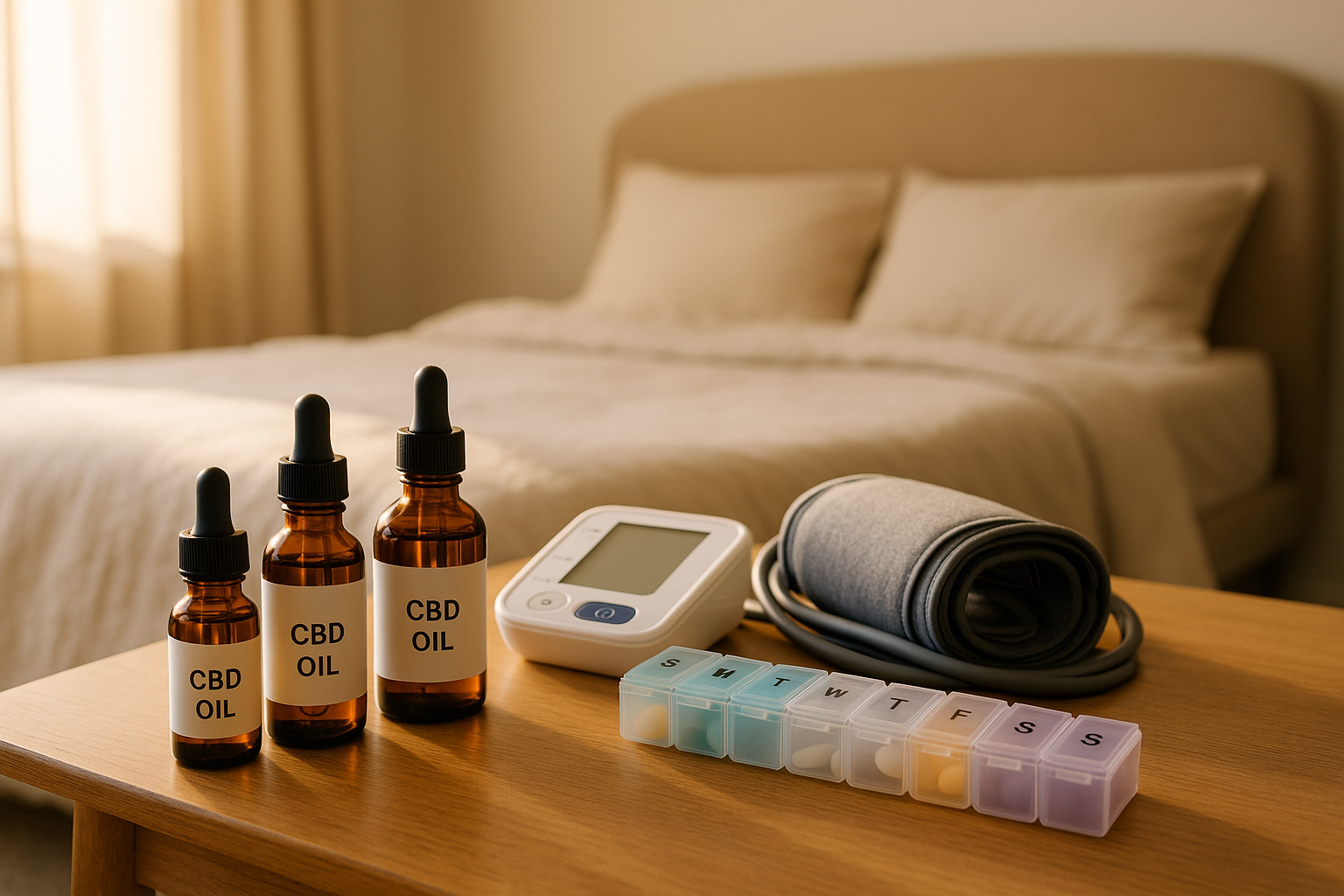 CBD oils, pill organizer, and blood pressure cuff on bedside table
