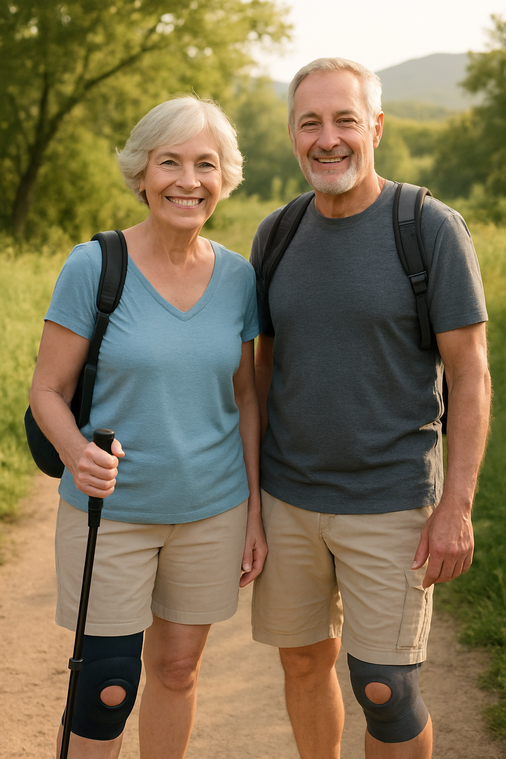 Active older couple with knee supports after a hike