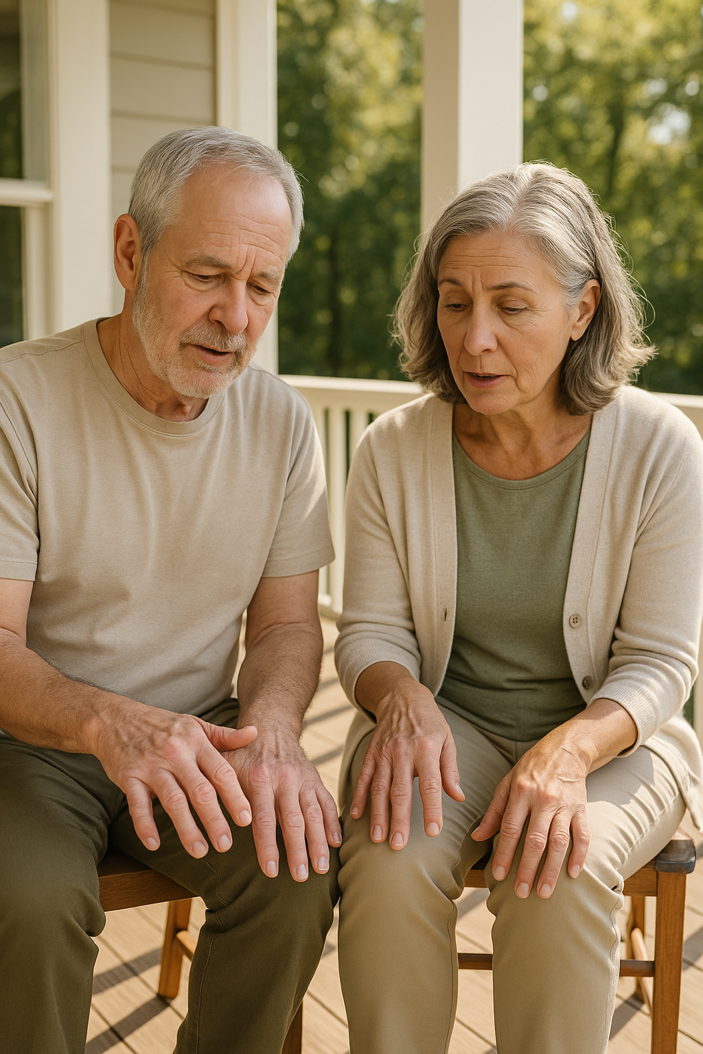 Middle-aged adults comparing swollen hands and knees on porch, showcasing arthritis differences
