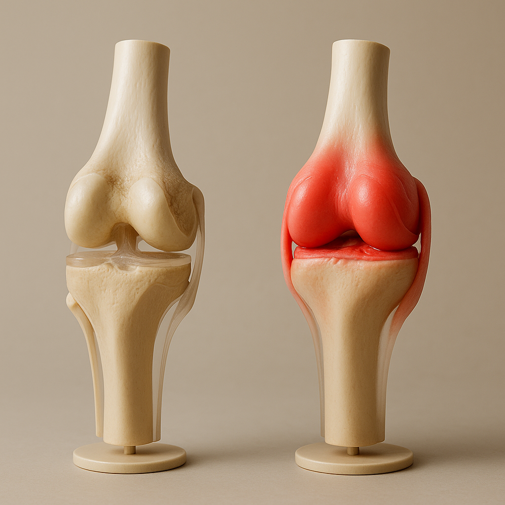 Side-by-side illustration of osteoarthritis knee vs rheumatoid arthritis knee