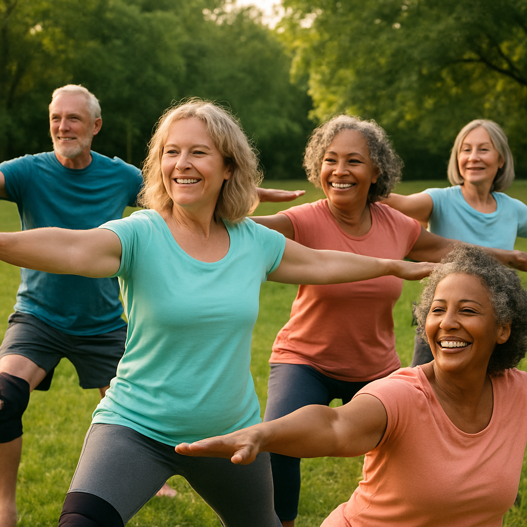 Active seniors with knee braces doing yoga in park, highlighting joint-friendly exercise