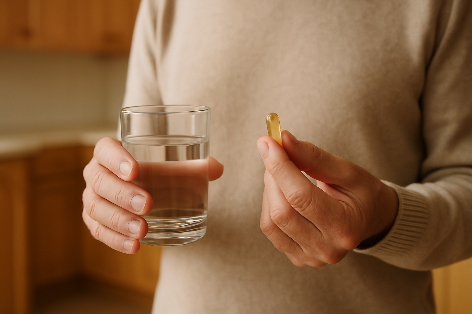 Hand holding joint health supplement and water
