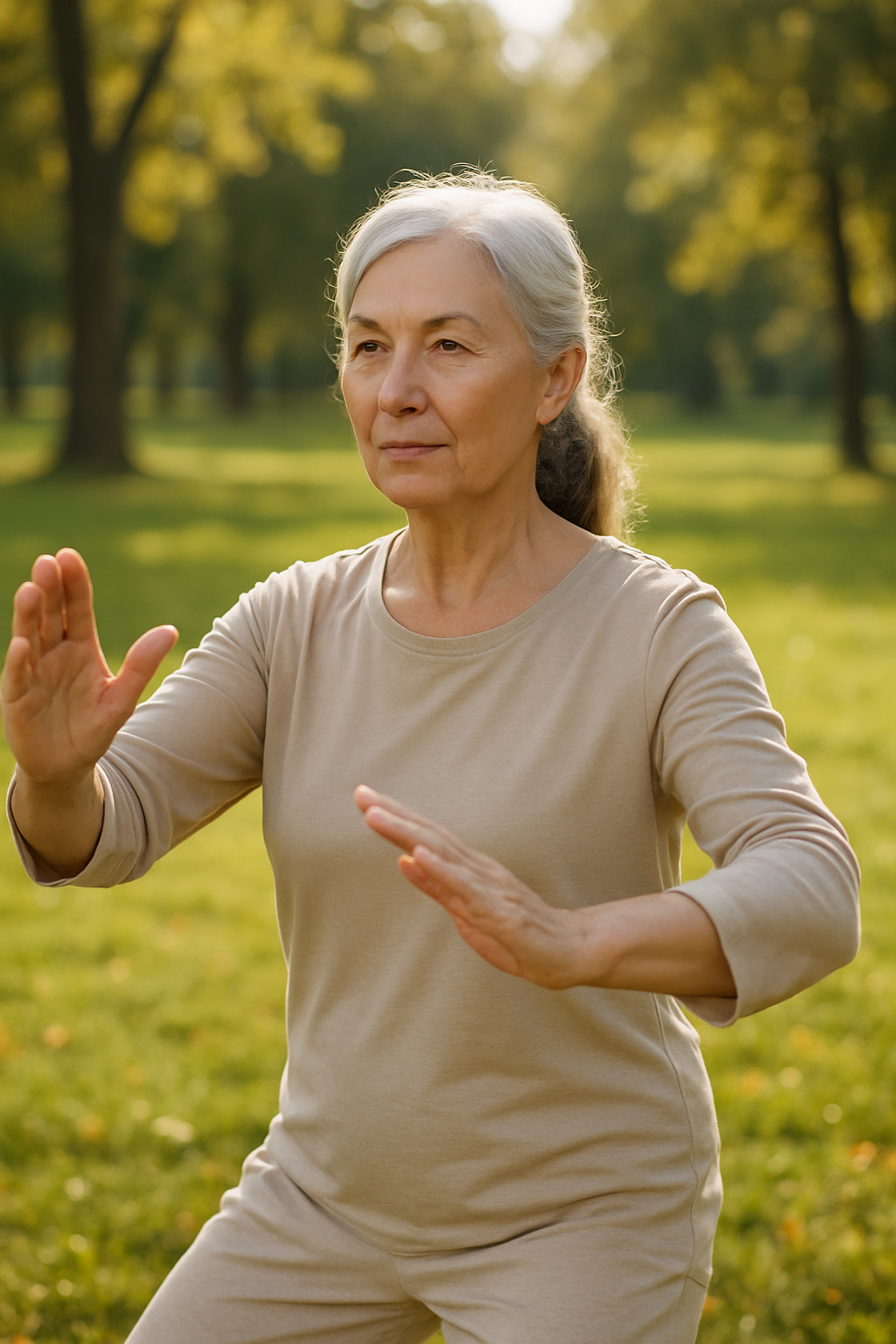 Older woman practicing tai chi outside in a sunlit park.