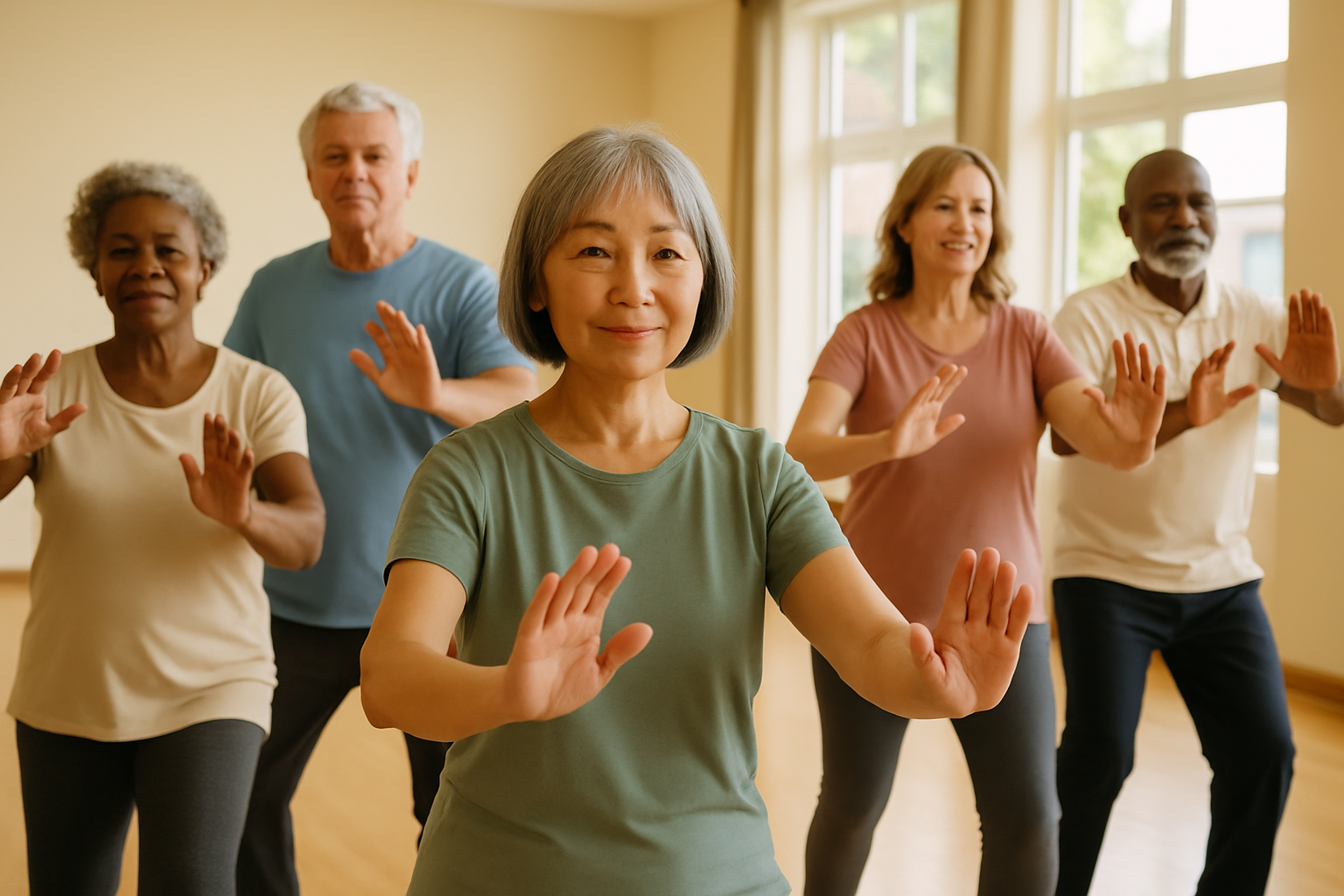 Group of seniors practicing tai chi indoors in a community center.