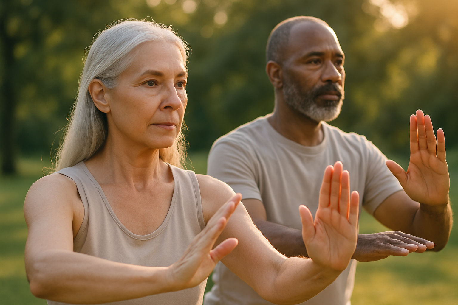 Close-up of hands practicing tai chi movements, sunlight in background.