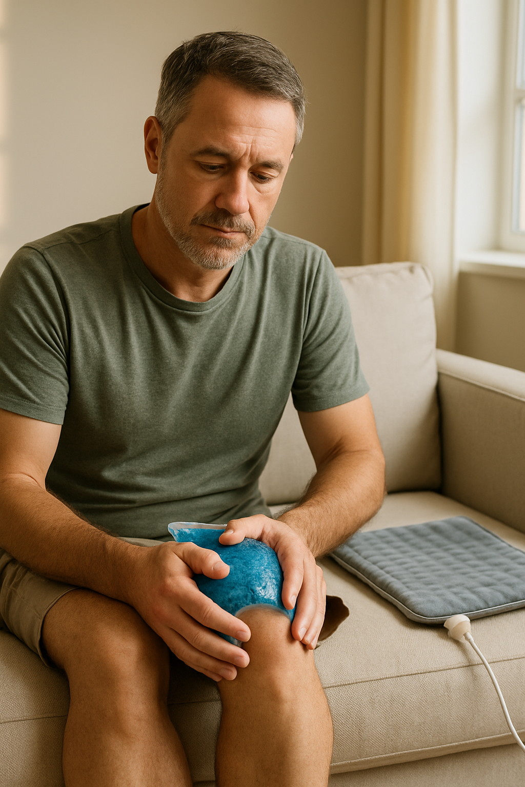 Applying a cold pack to a swollen knee with a heating pad on a couch.