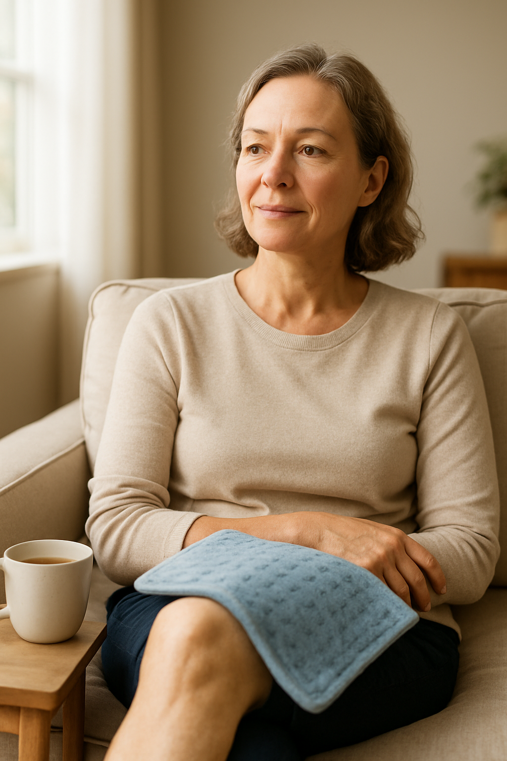 Woman using a moist heating pad on her knee in a sunlit living room.