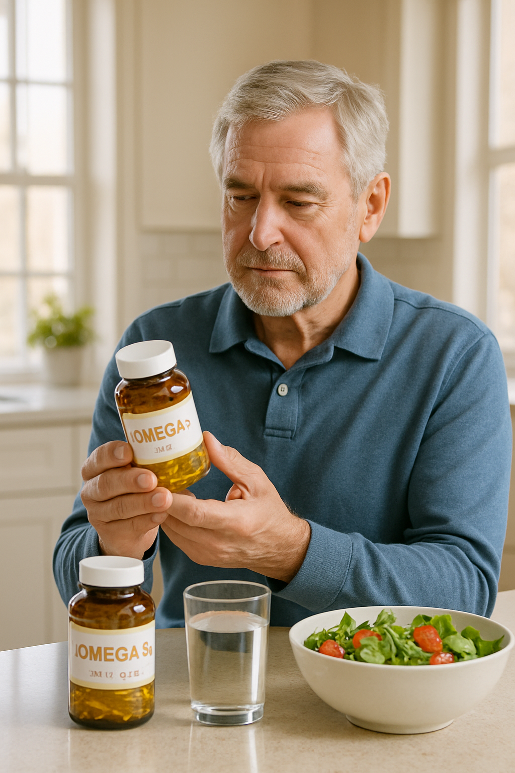 Older man reading omega-3 fish oil label in a bright kitchen