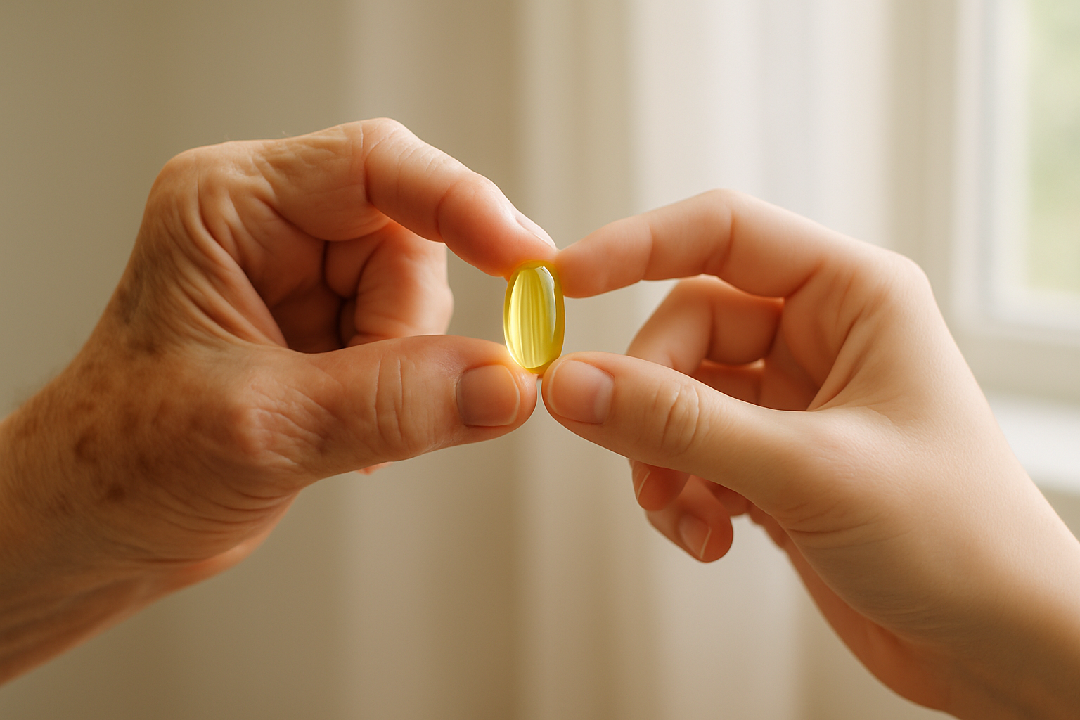 Close-up of fish oil capsule being held by older and younger hands