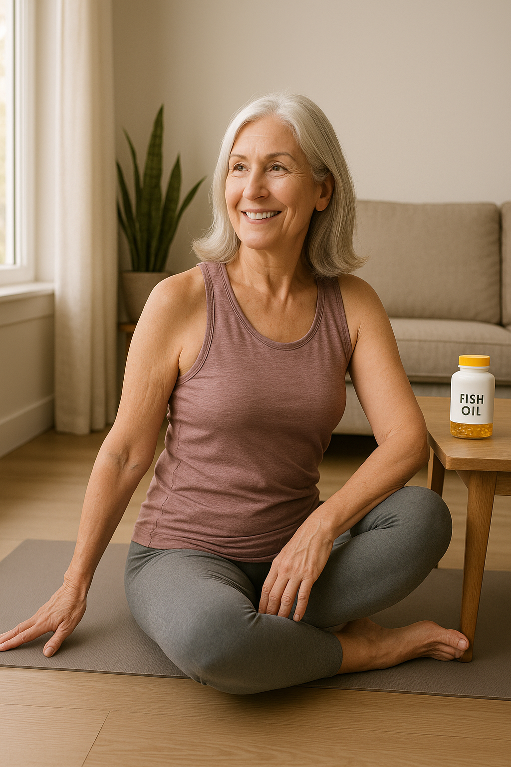 Older woman doing yoga at home with fish oil bottle on table