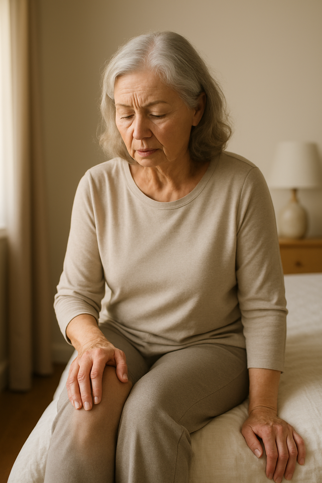 Senior woman holding swollen knee on bed