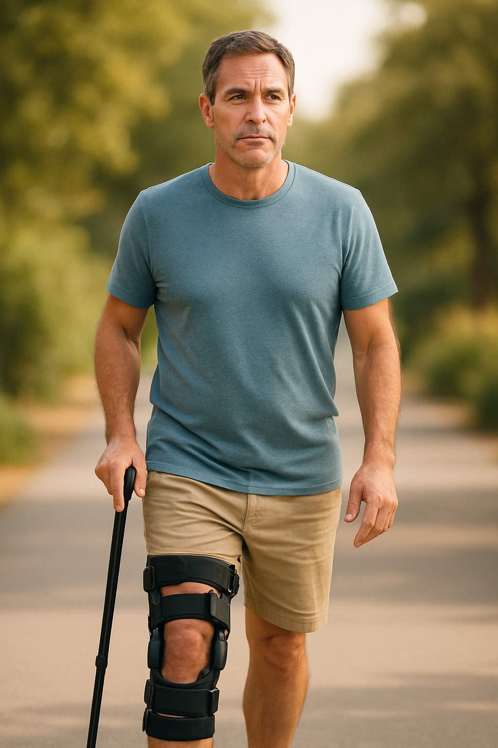 Man with knee brace walking outside with cane