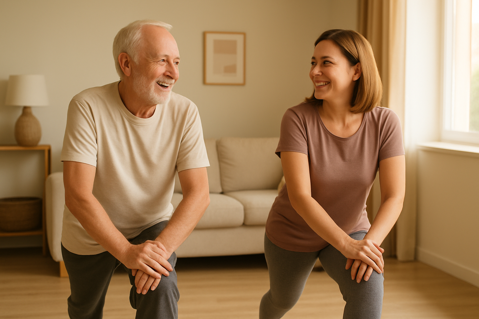 Elderly man and woman stretching knees together at home