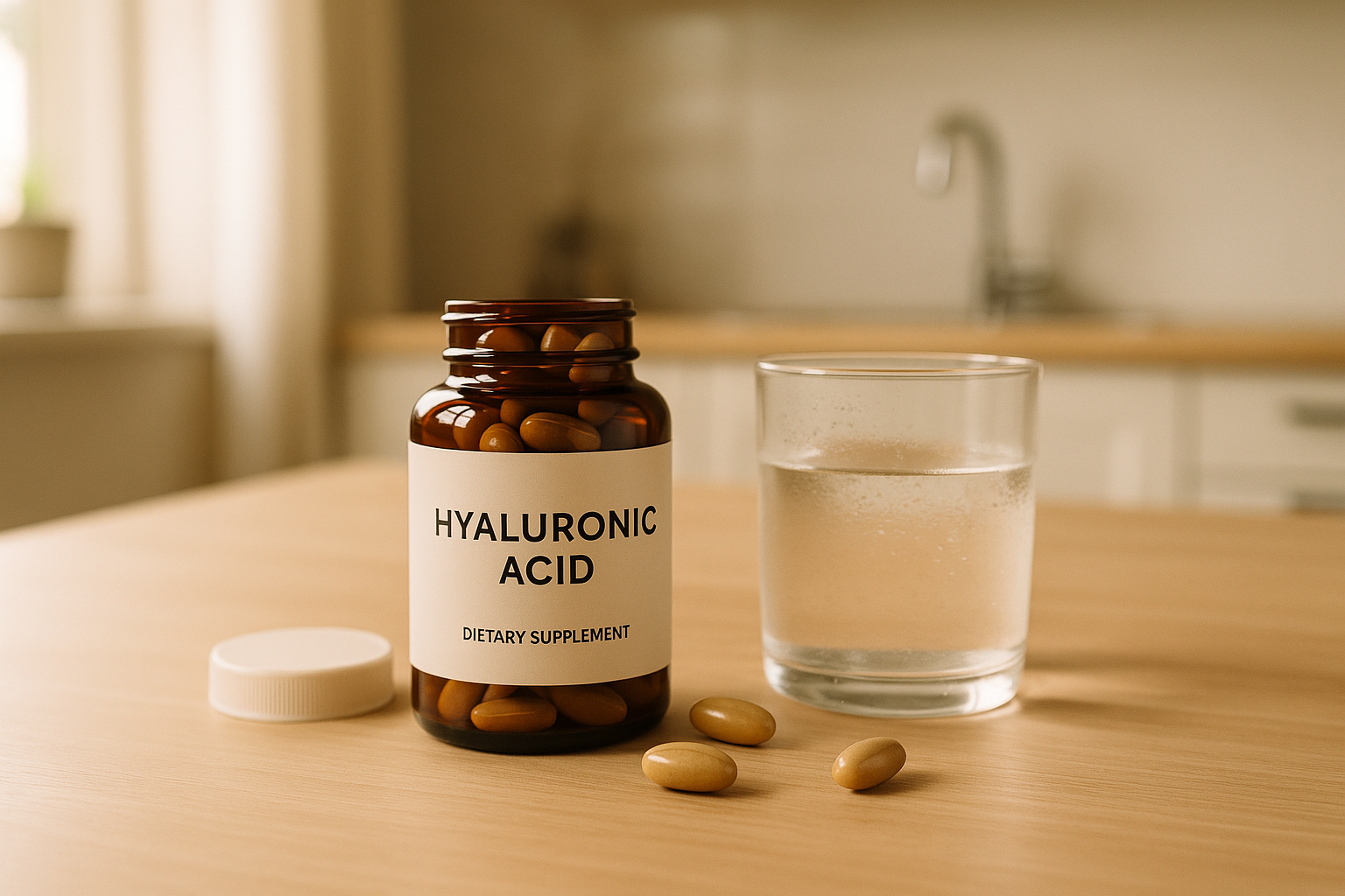 Open hyaluronic acid supplement bottle on kitchen table with glass of water