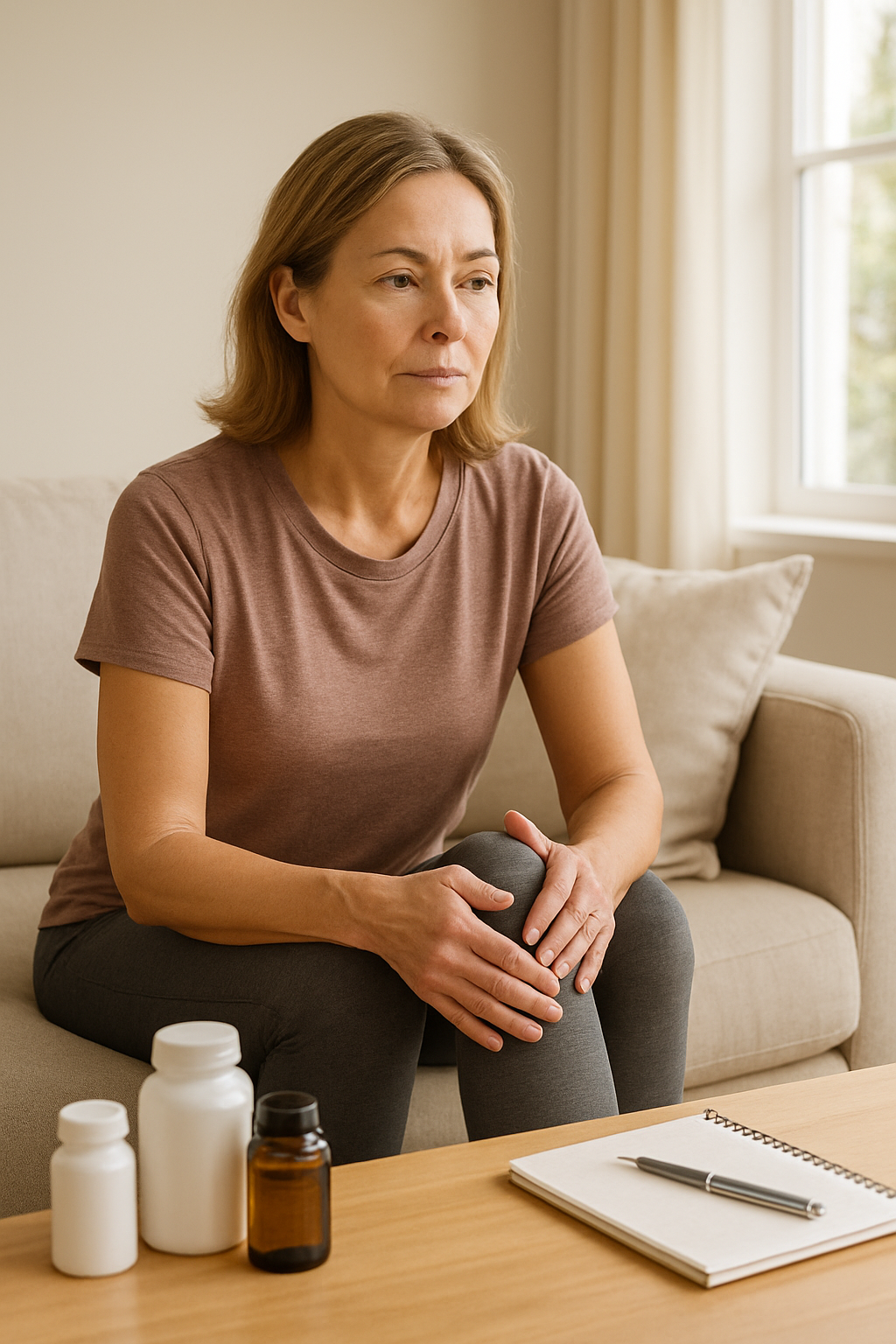 Woman massaging knee with supplements and notes on coffee table