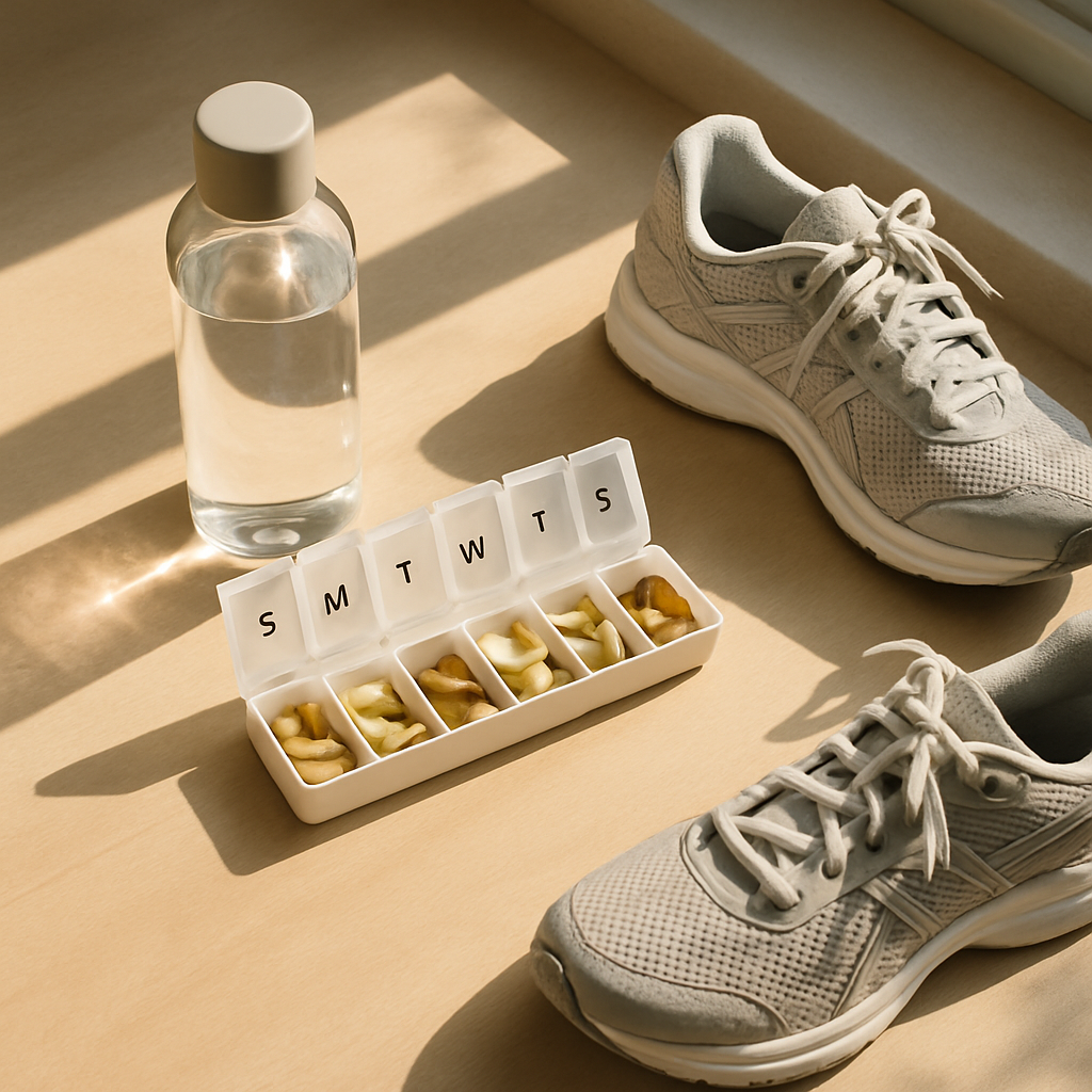 Pill organizer with joint supplements, water bottle, and walking shoes by window