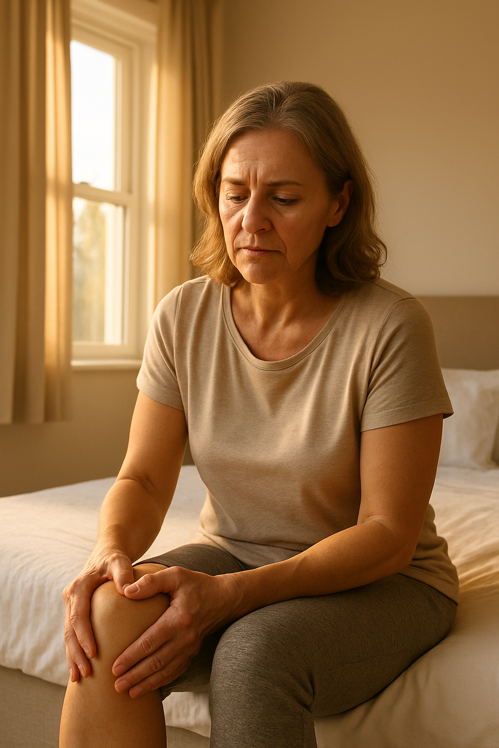 Middle-aged woman massaging her knee at sunrise, looking determined and weary.