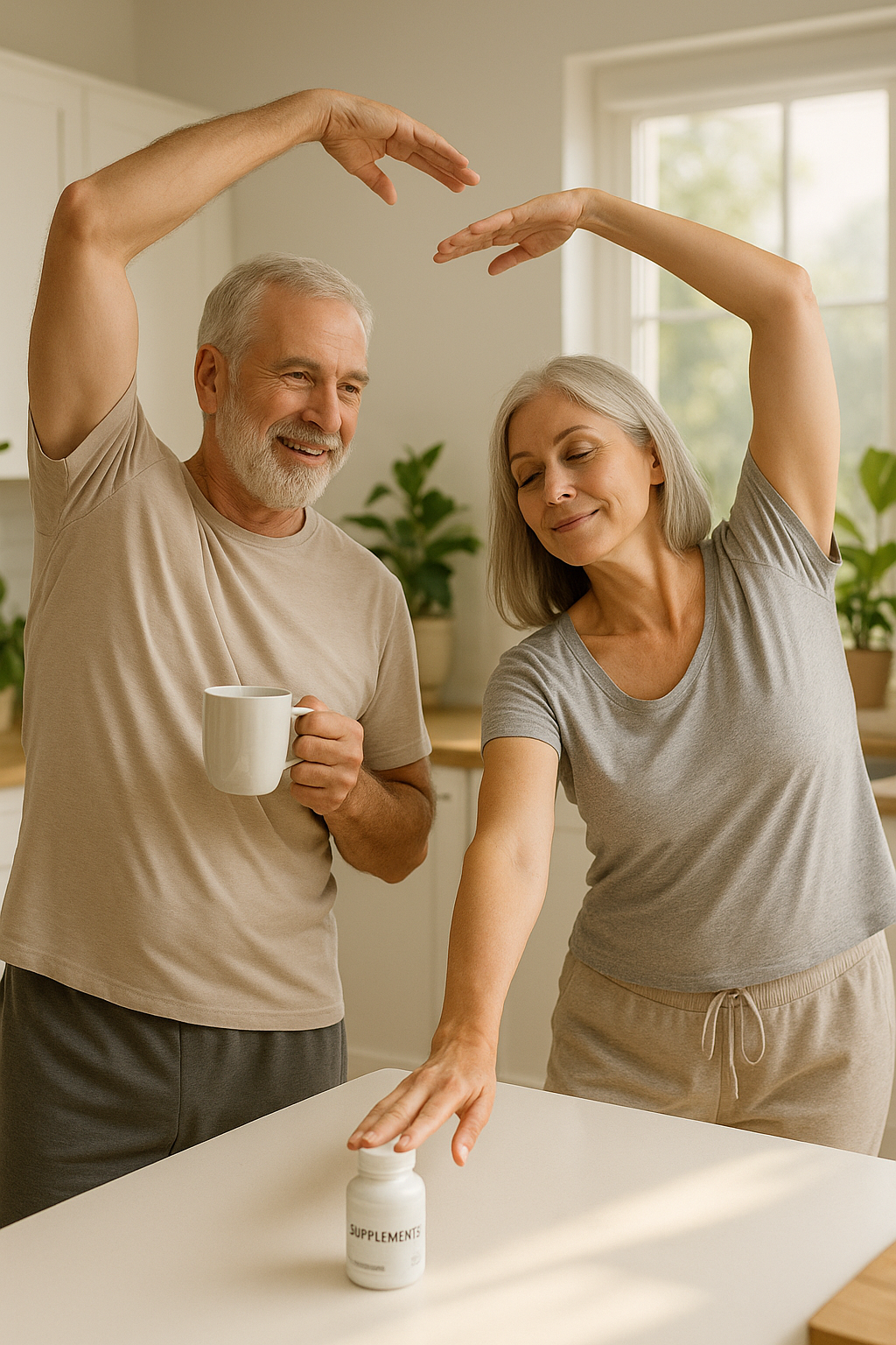 Mature couple stretching in kitchen with joint supplements and tea.