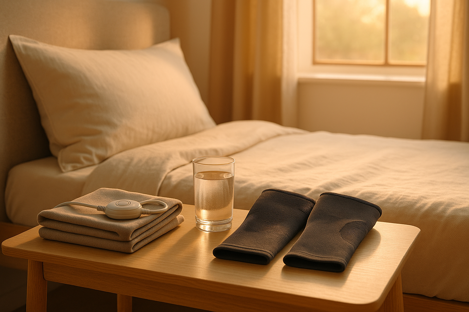 Nightstand with heating pad, water glass, and knee sleeves at sunrise.