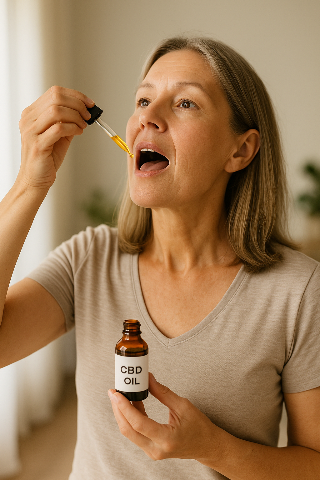 Woman applying CBD oil for joint pain relief at home.