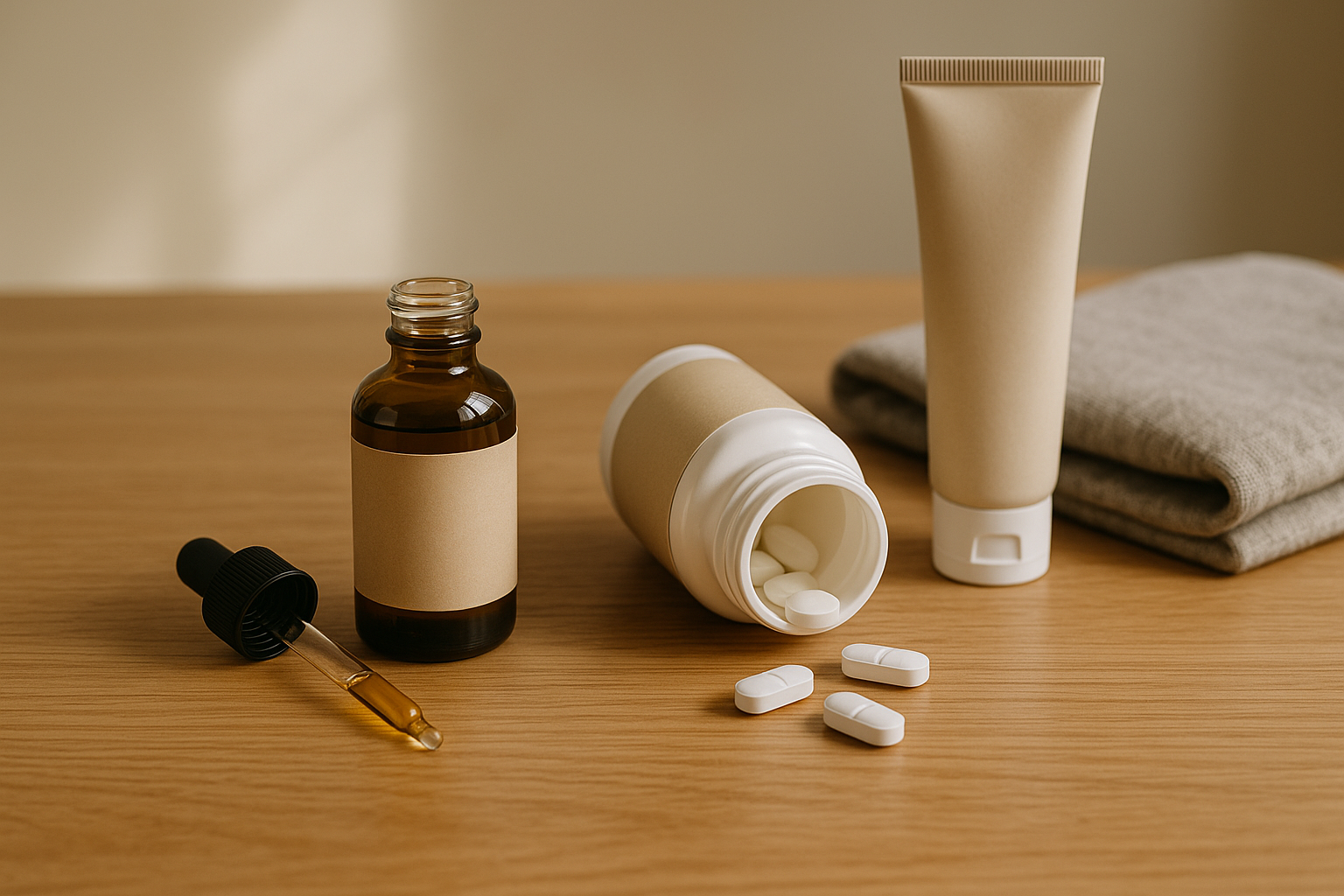 CBD oil and pain relief products arranged on a table for joint pain management.