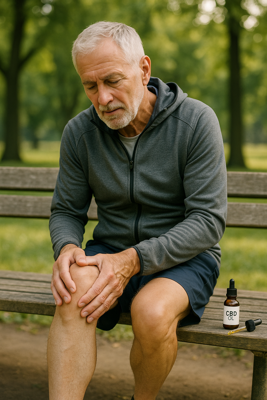 Senior man massaging knee with CBD oil bottle beside him in a park setting.