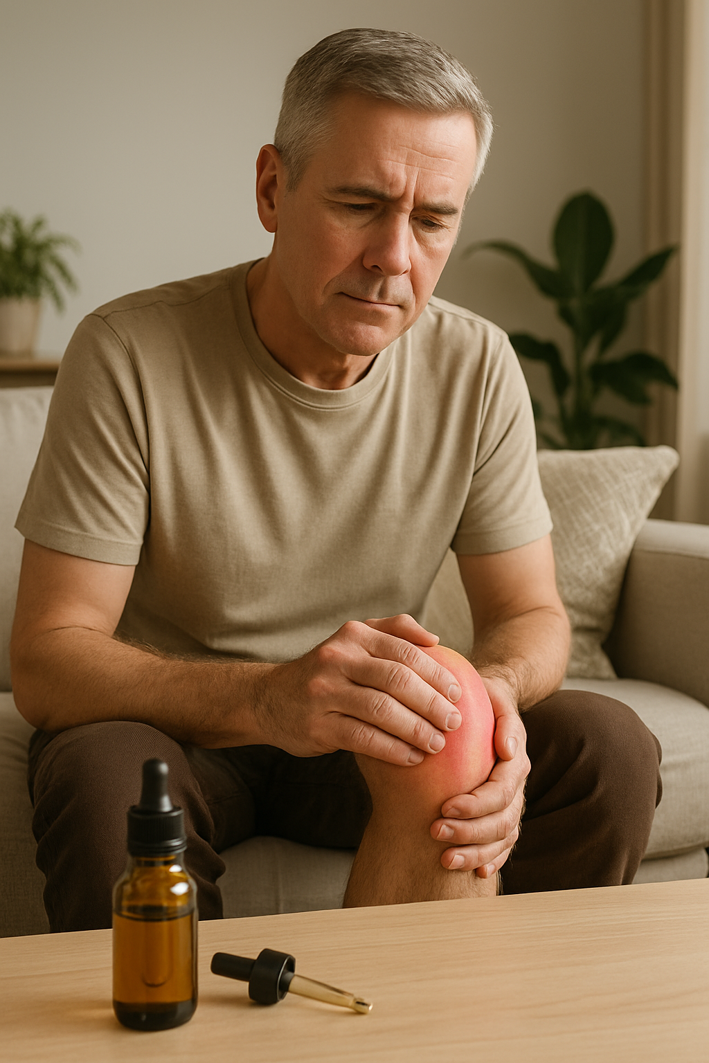 CBD oil bottle and hand on sore knee, cozy setting