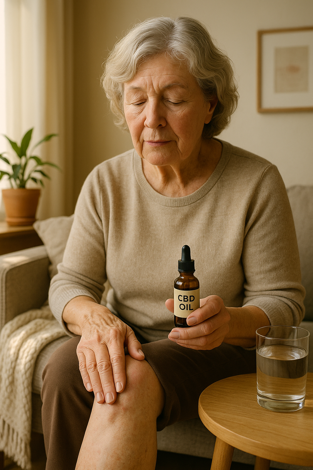Elderly woman using CBD oil on arthritic knee in sunlit living room