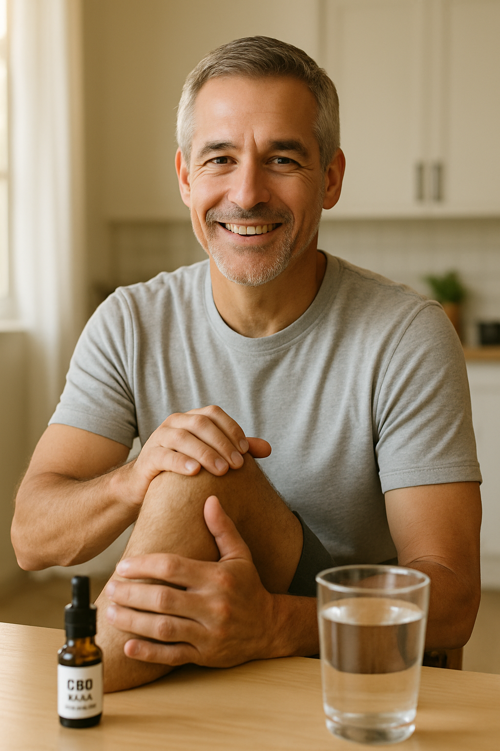 Man stretching knee with CBD oil and water on kitchen table