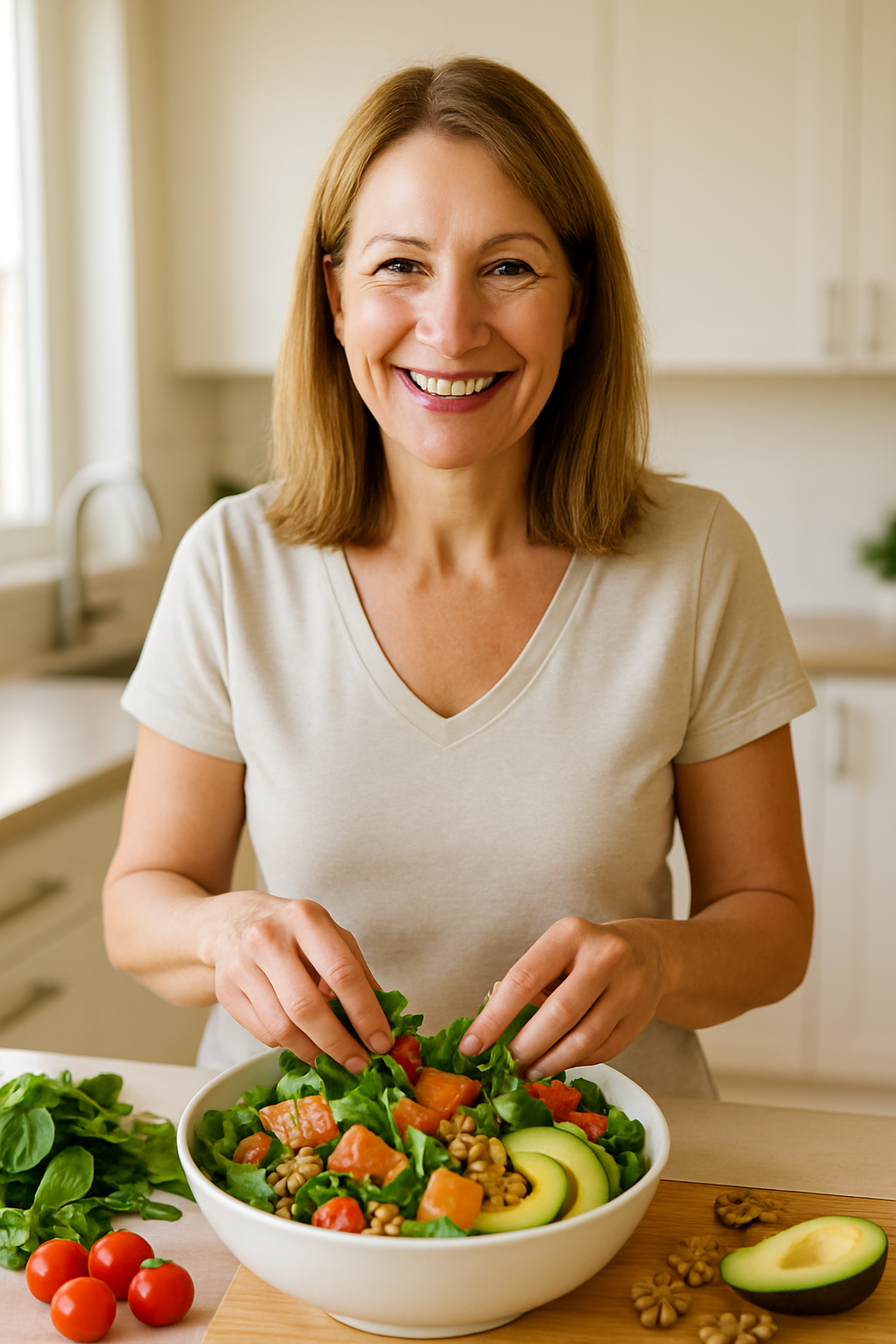 Middle-aged woman making salad with salmon, avocado, and walnuts