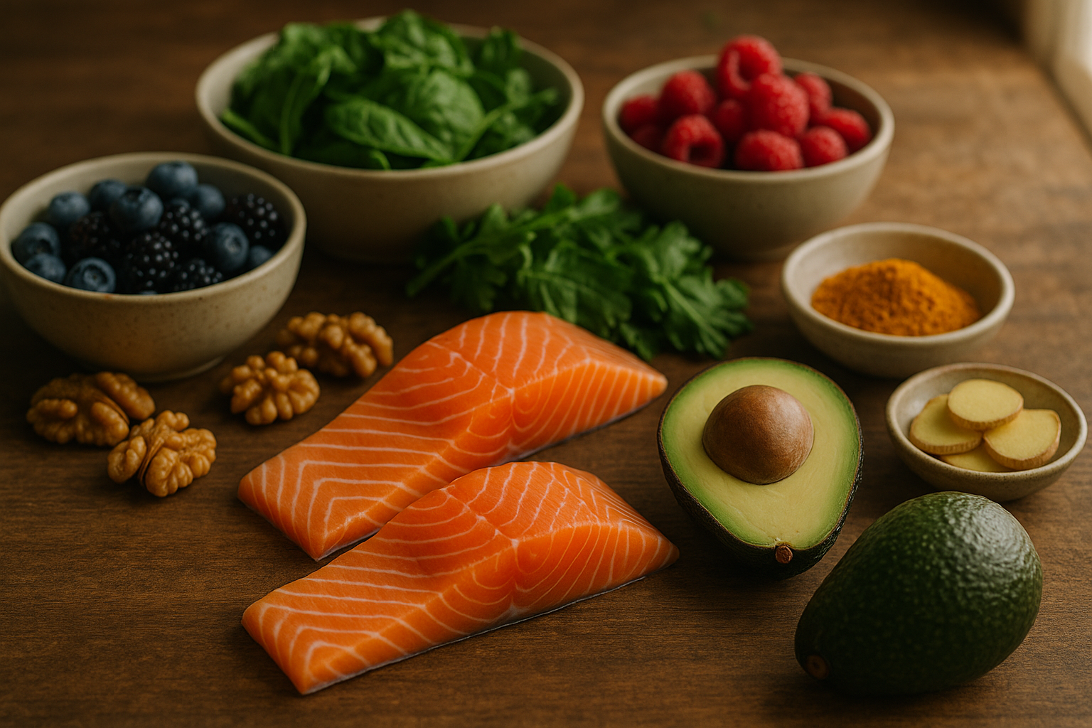 Table with joint-friendly foods: salmon, berries, greens, walnuts, avocados, turmeric, and ginger
