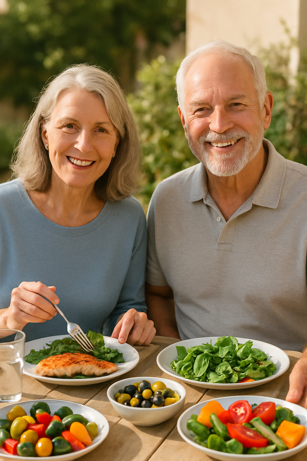Older couple eating Mediterranean meal with joint-supporting foods