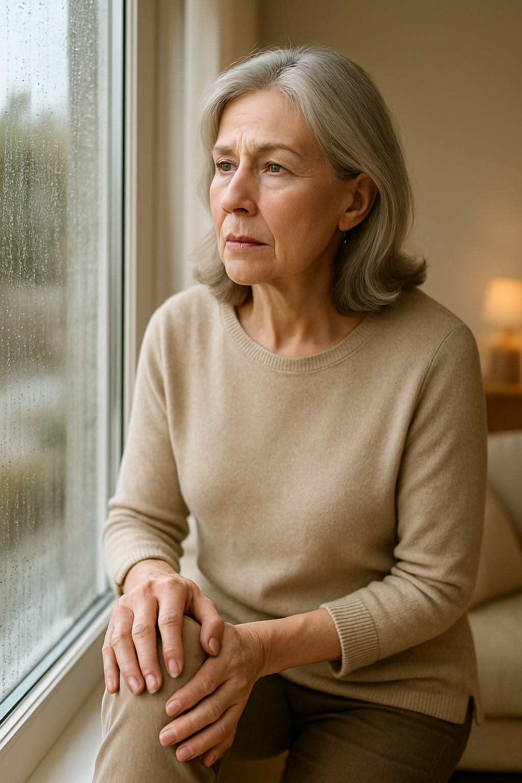 Older woman rubbing knee while looking out a rainy window