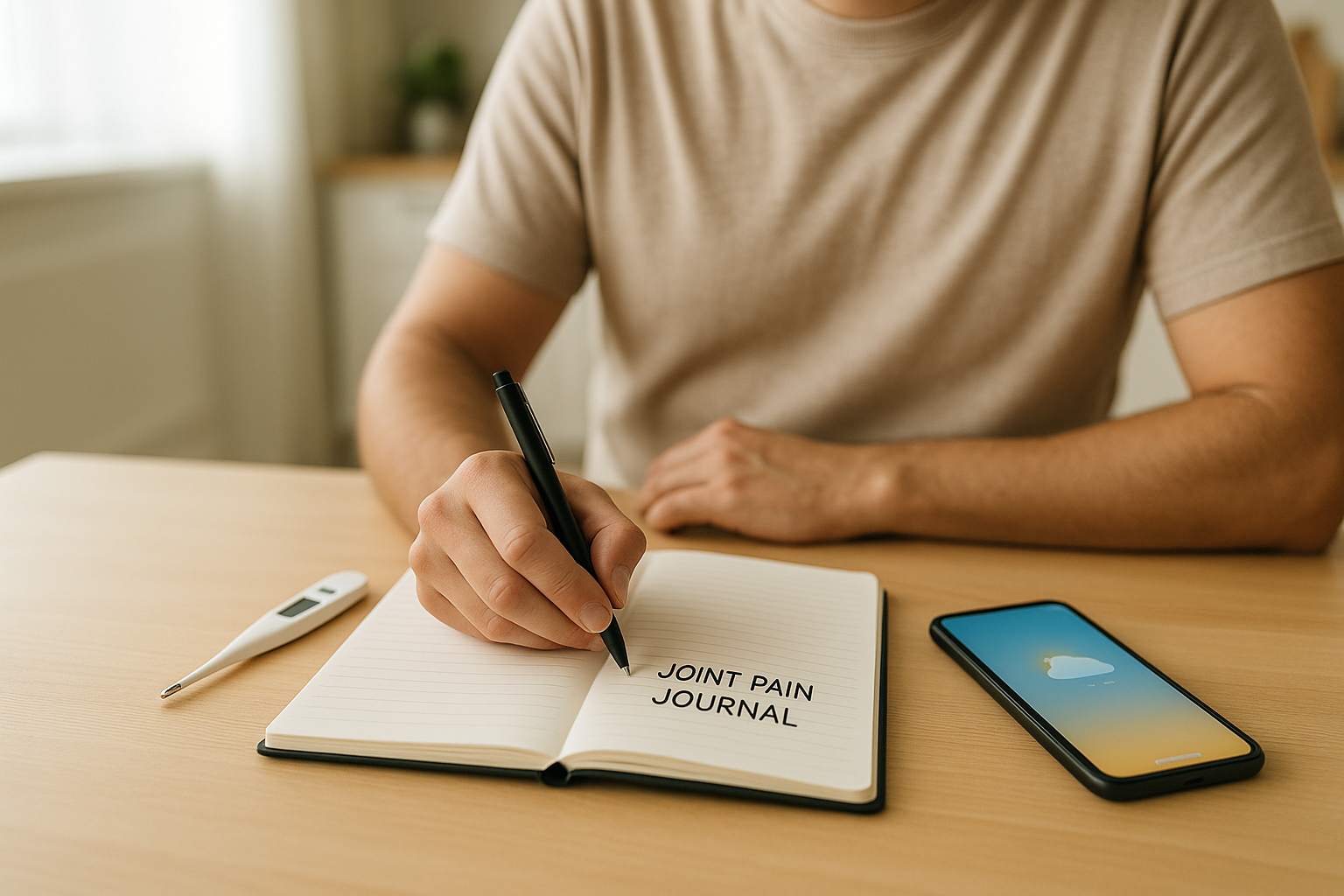 Hand recording joint pain in a notebook with thermometer and phone weather app