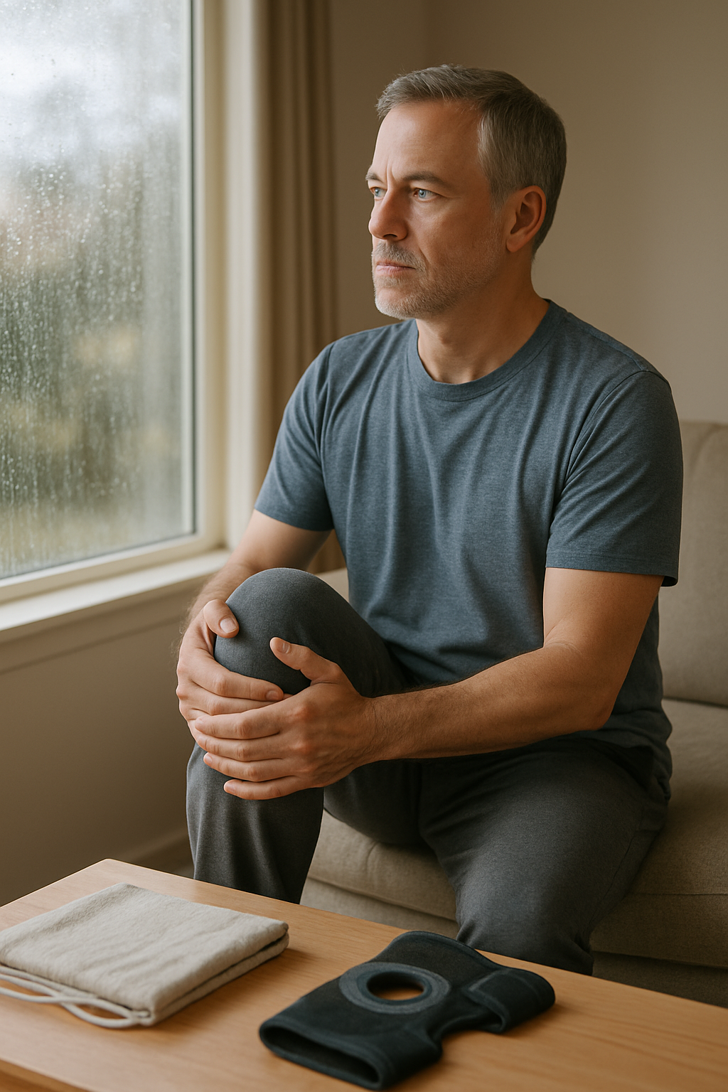 Man stretching knee indoors with heating pad and knee brace during rainy weather
